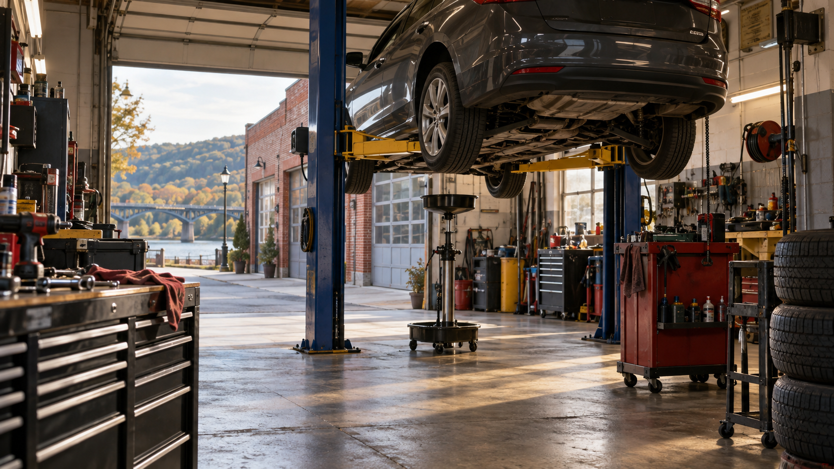 Clean independent auto repair shop with a vehicle on a lift